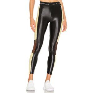 NEW KORAL Womens Small Emblem High Rise Legging Black Yellow Mesh Athleisure Gym